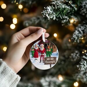 Festive Santa and Elves Holiday Ornament 2.9 In Ceramic